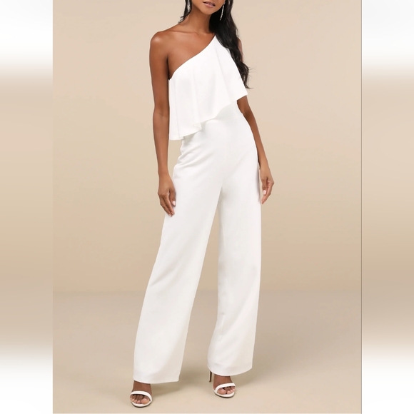 NWT Lulus Flawless Vibes White One-Shoulder Tiered Wide-Leg Jumpsuit - Picture 1 of 12